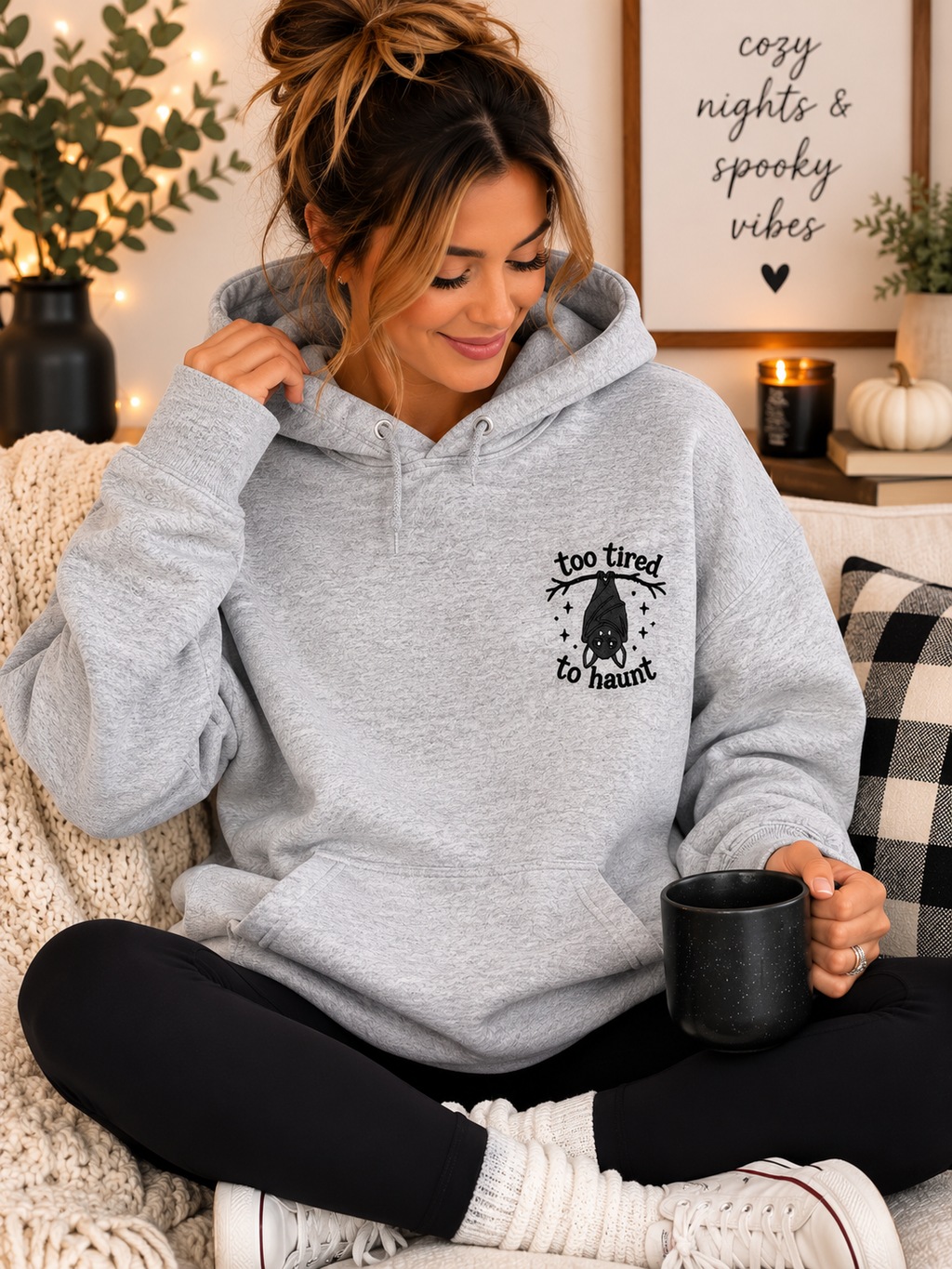 Too Tired to Haunt Embroidered Hoodie | Gildan Heavy Blend Hoodie