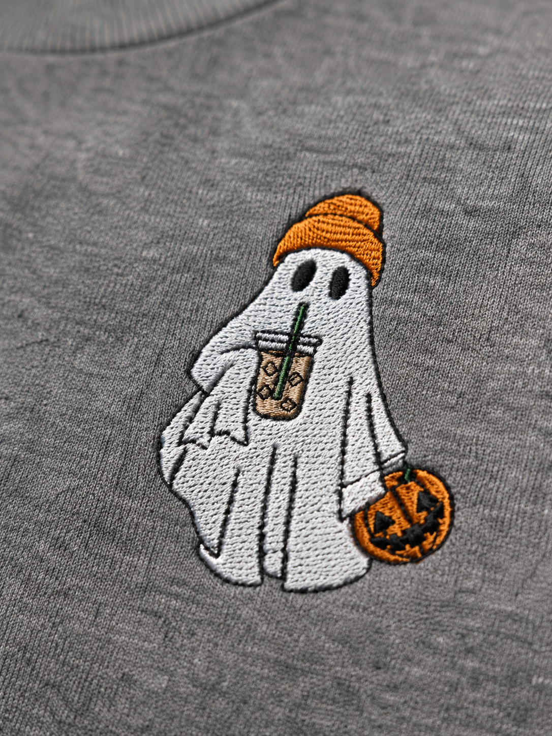 Embroidered Ghost Long Sleeve Shirt | Cute Halloween Coffee Ghost Tee | Cotton Fall Graphic Shirt
