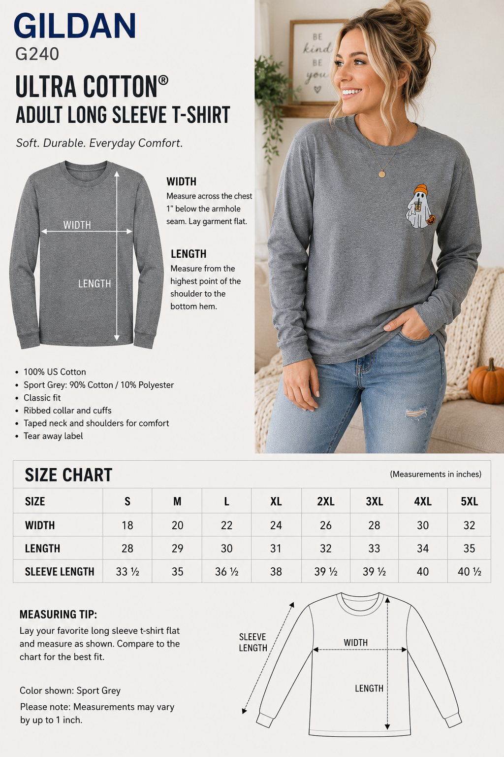 Gildan G240 Sport Grey long sleeve tee with ghost embroidery on left chest, size chart shown