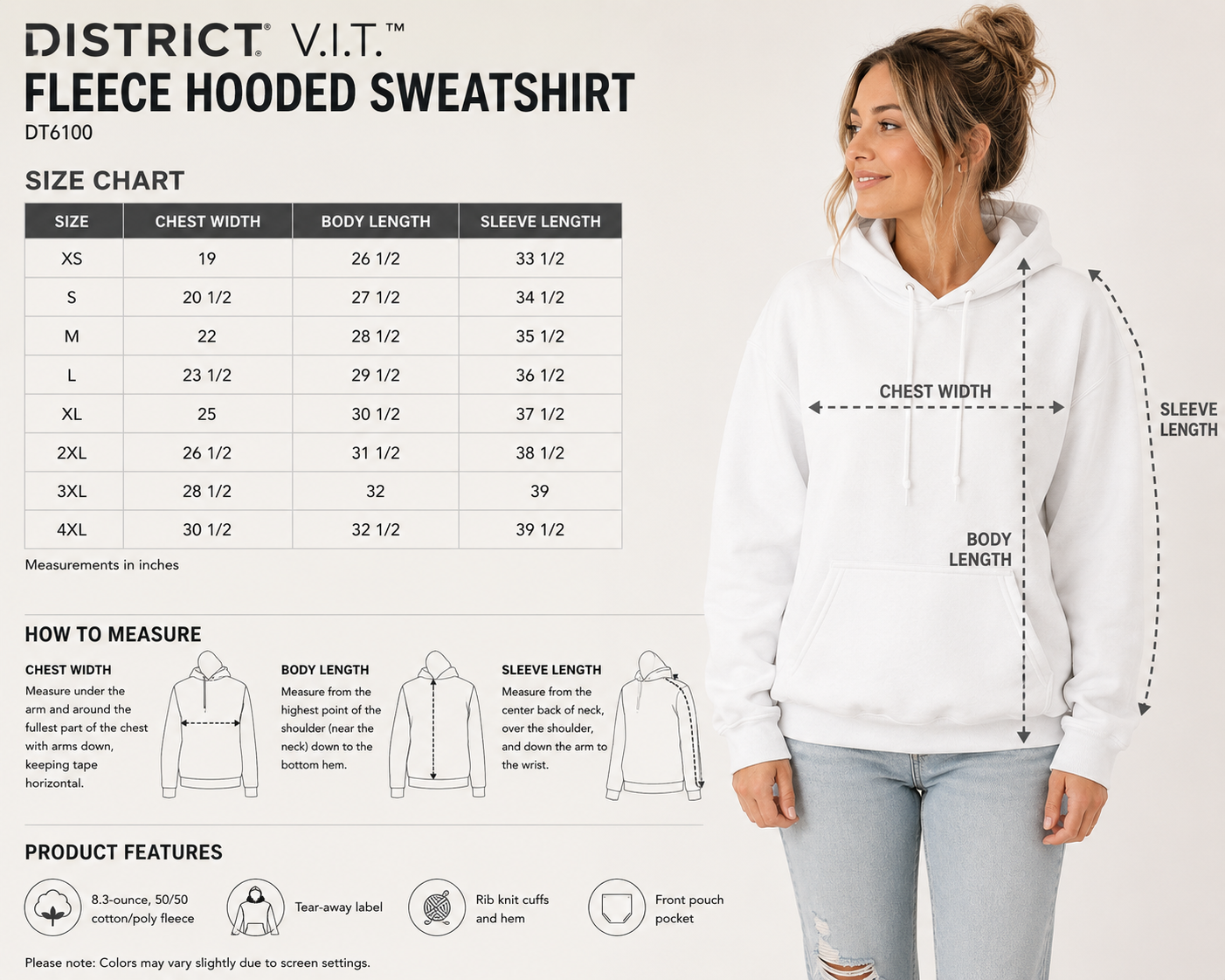 A size chart and measurement guide for the District V.I.T.