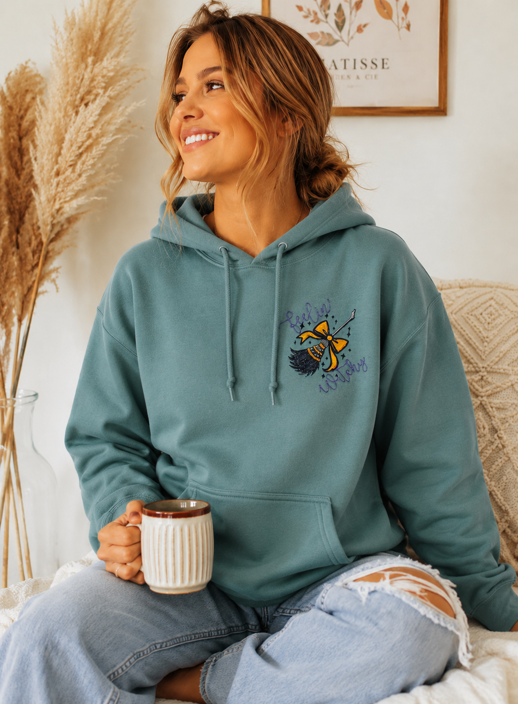 Feelin' Witchy Embroidered Eucalyptus Hoodie