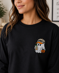 Spooky Hat Ghost Embroidered Black Long Sleeve T-Shirt