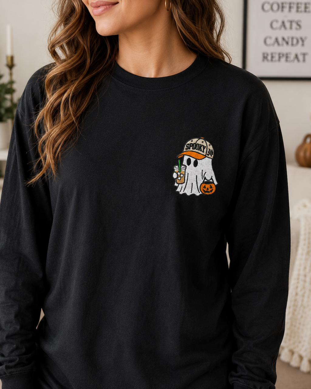 Spooky Hat Ghost Embroidered Black Long Sleeve T-Shirt