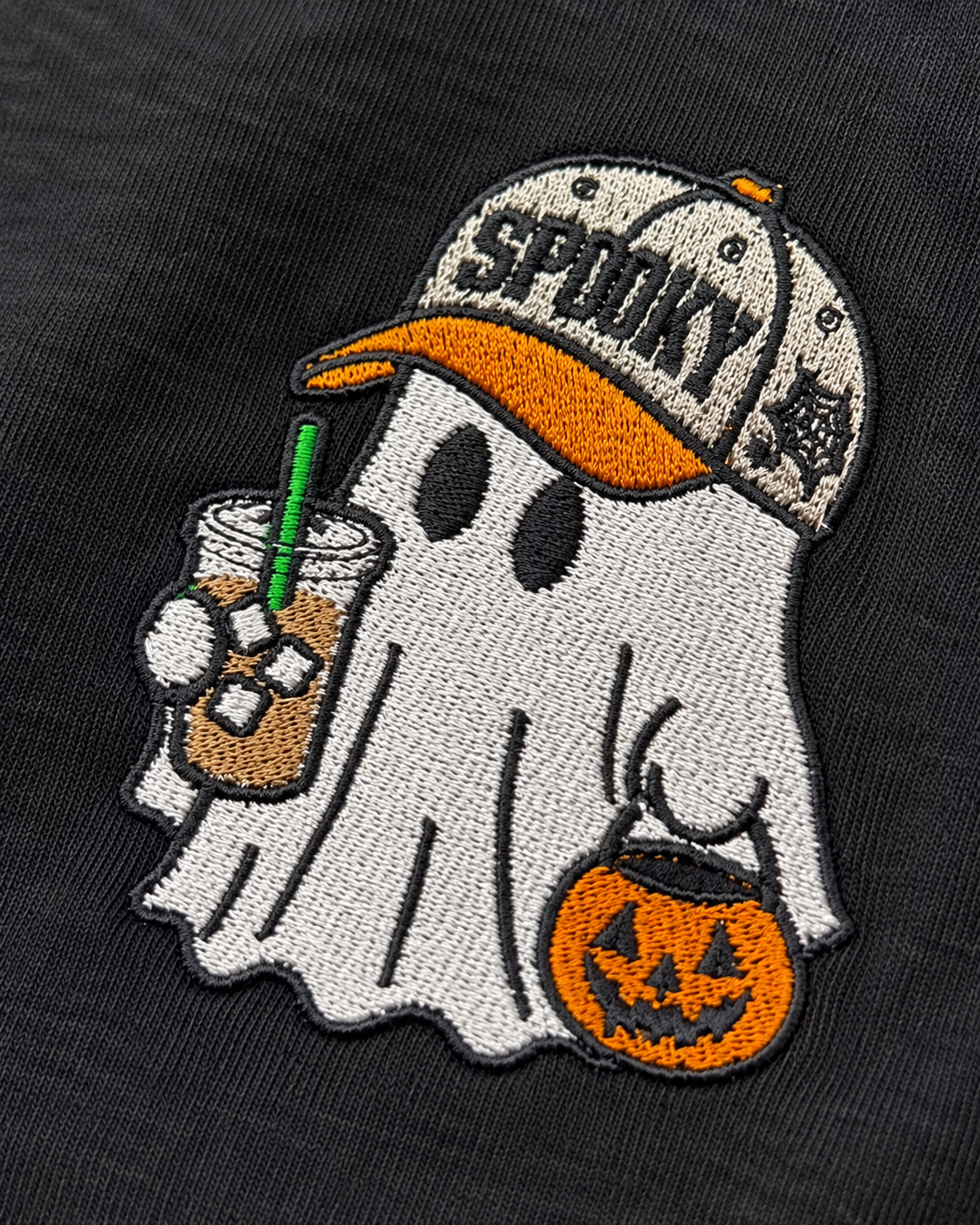 Spooky Hat Ghost Embroidered Black Long Sleeve T-Shirt