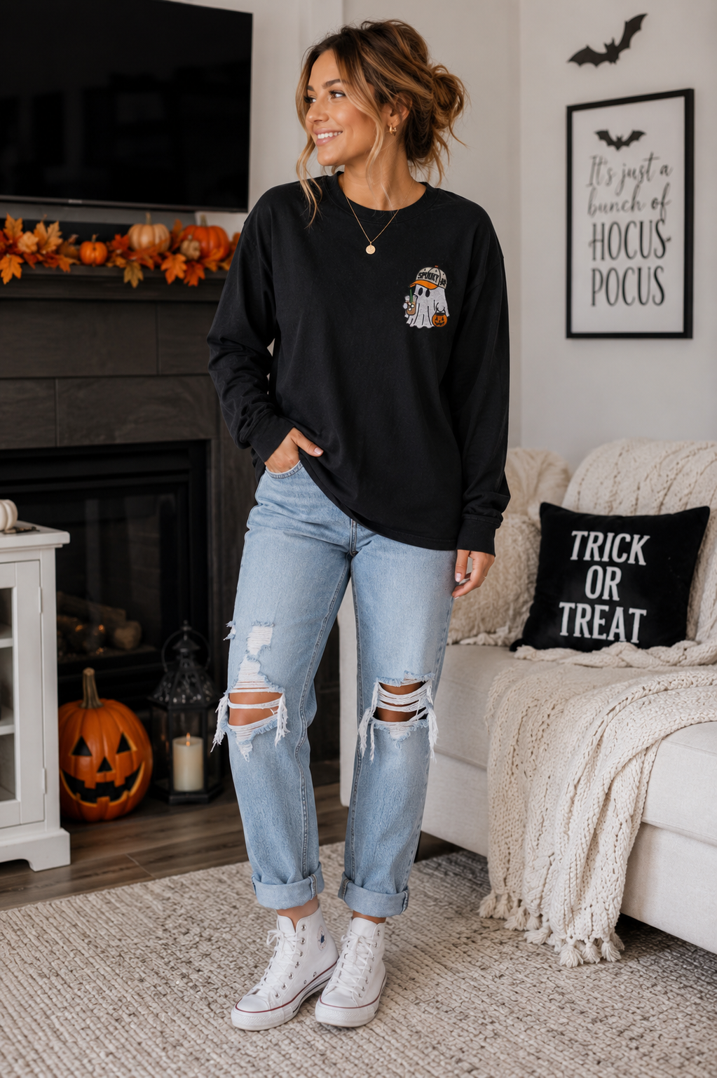 Spooky Hat Ghost Embroidered Black Long Sleeve T-Shirt