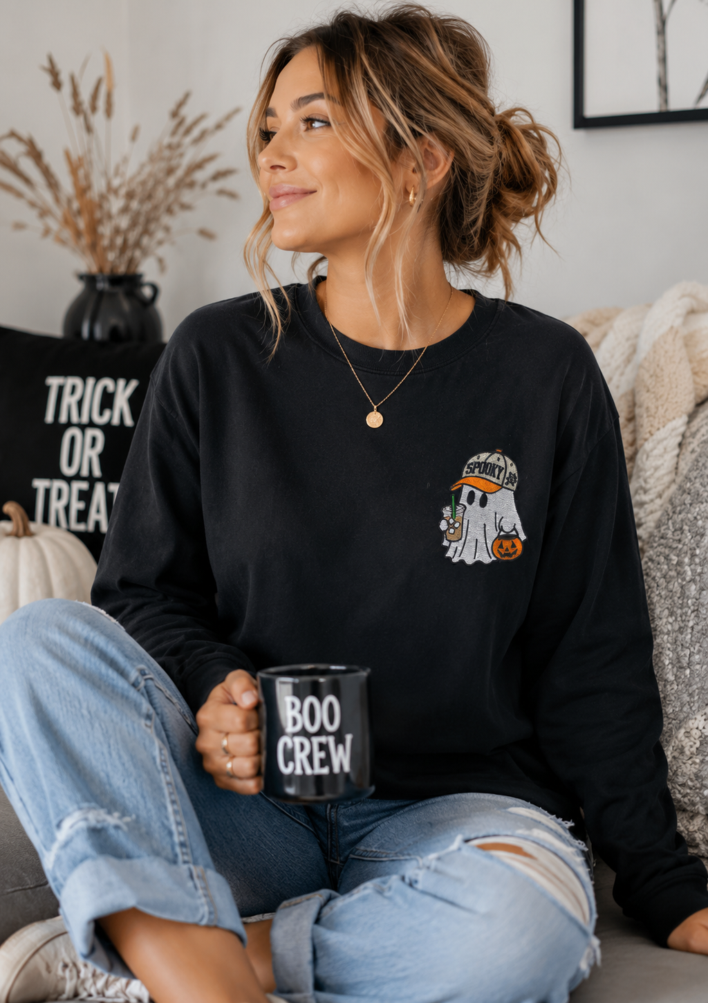 Spooky Hat Ghost Embroidered Black Long Sleeve T-Shirt