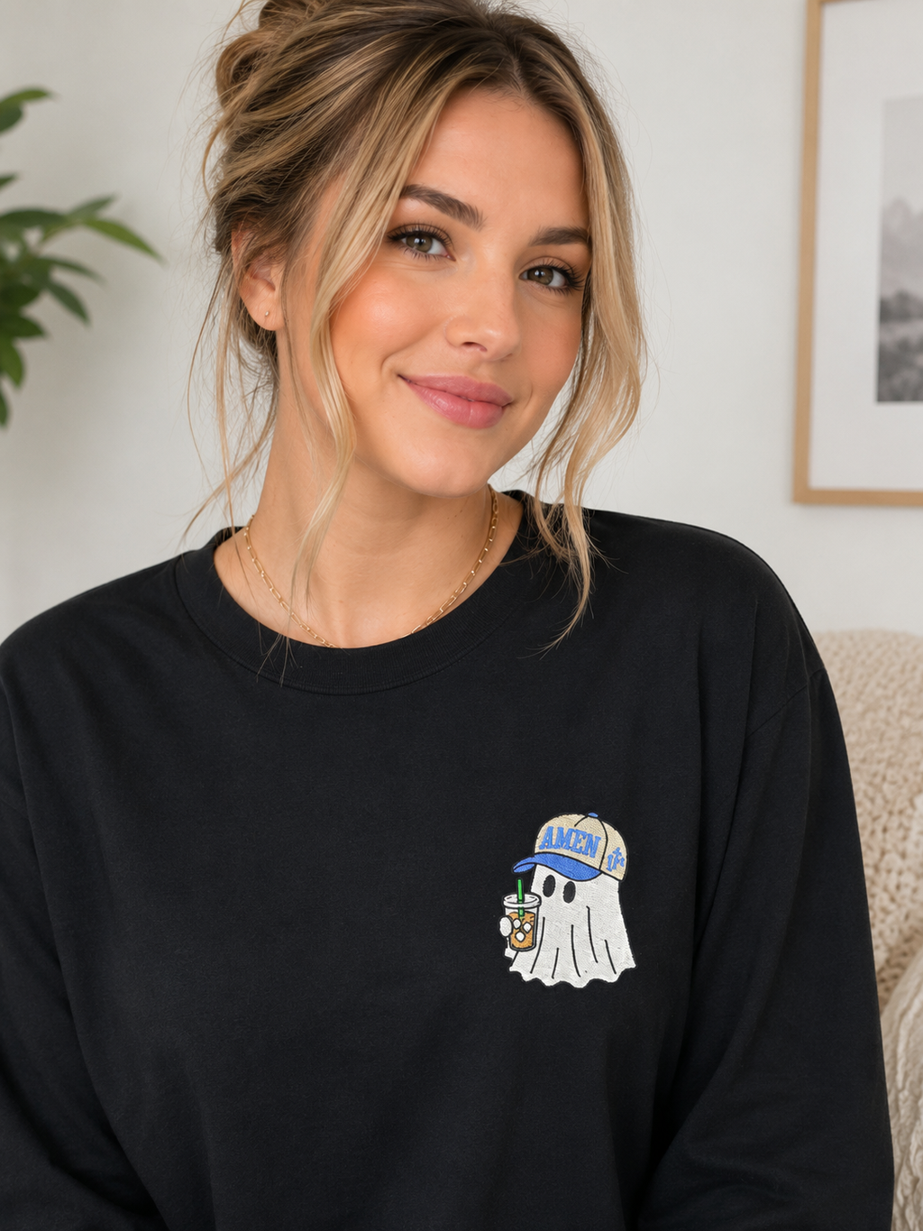 Amen Hat Embroidered Ghost Long Sleeve T-Shirt