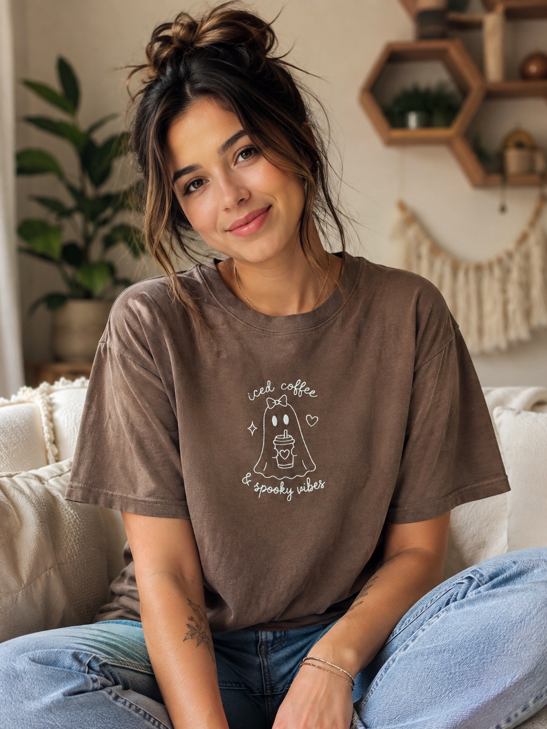Iced Coffee & Spooky Vibes Embroidered Ghost T-Shirt