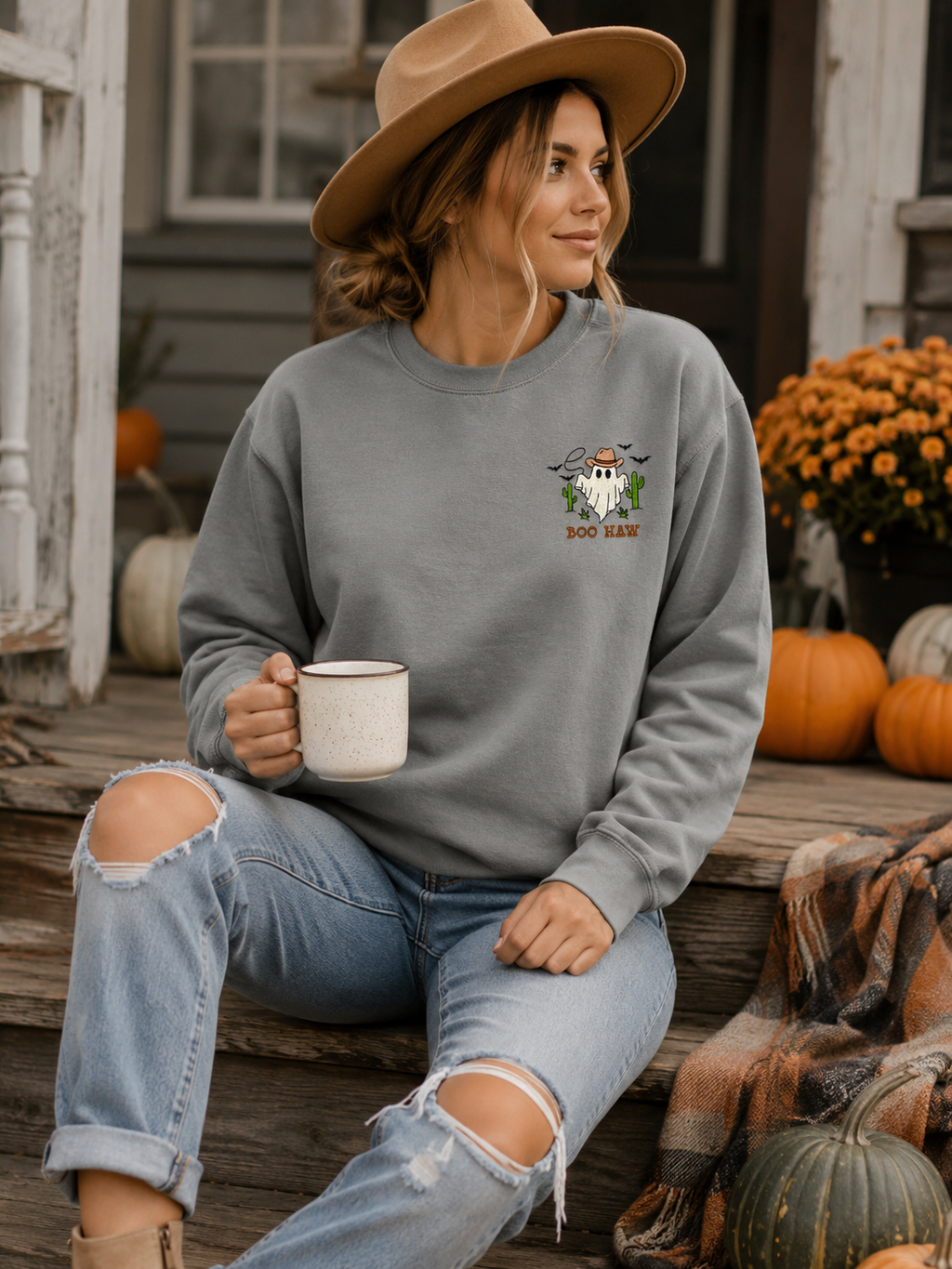 Boo Haw Embroidered Comfort Colors® Crewneck Sweatshirt | Western Ghost Sweatshirt | Cute Halloween Sweatshirt | Cozy Fall Pullover