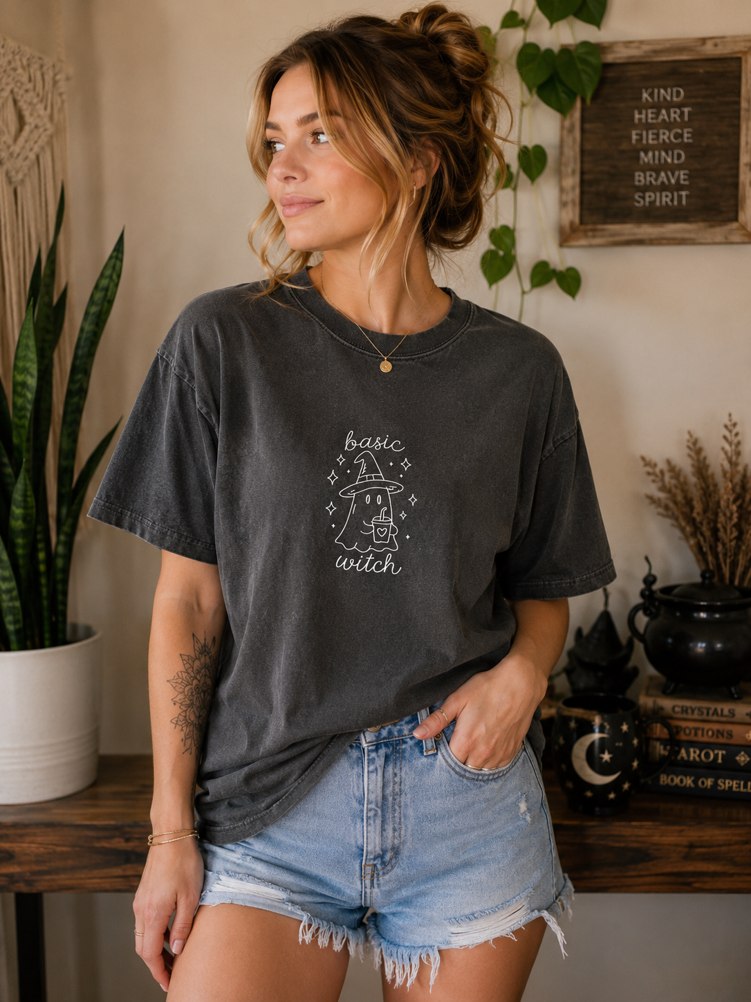 Basic Witch Embroidered Comfort Colors® Pepper T-Shirt | Vintage Halloween Ghost Tee