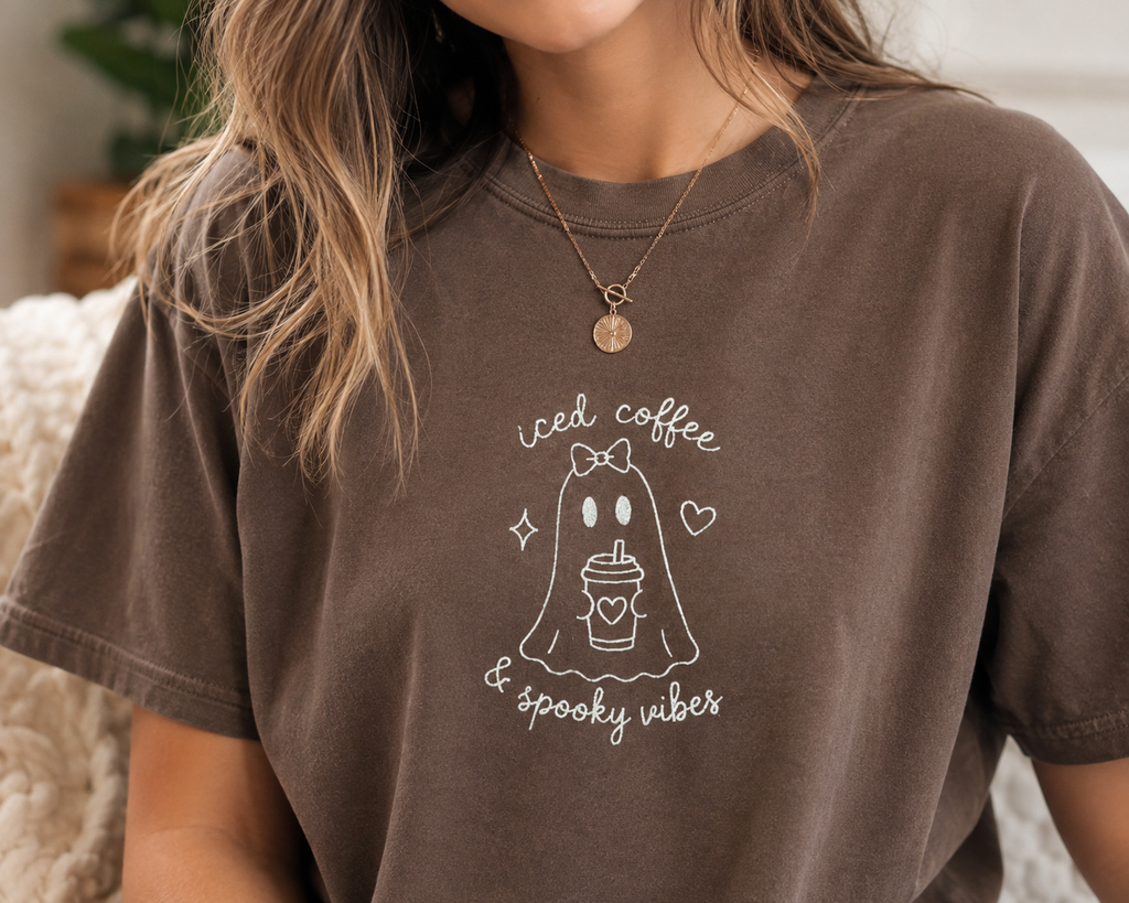 Iced Coffee & Spooky Vibes Embroidered Ghost T-Shirt
