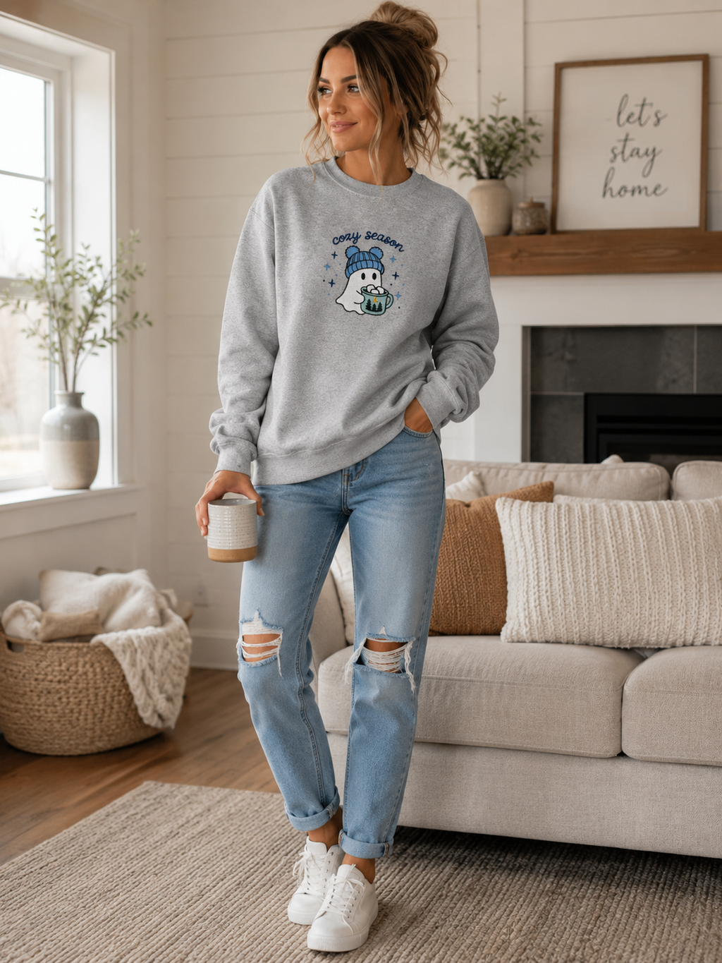 Cozy Season Embroidered Ghost Crewneck Sweatshirt