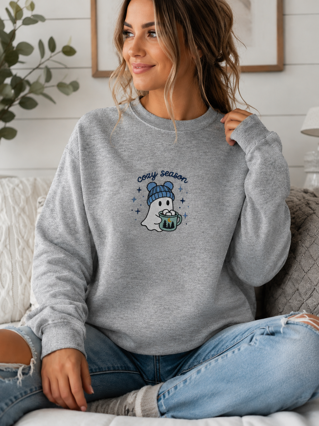 Cozy Season Embroidered Ghost Crewneck Sweatshirt