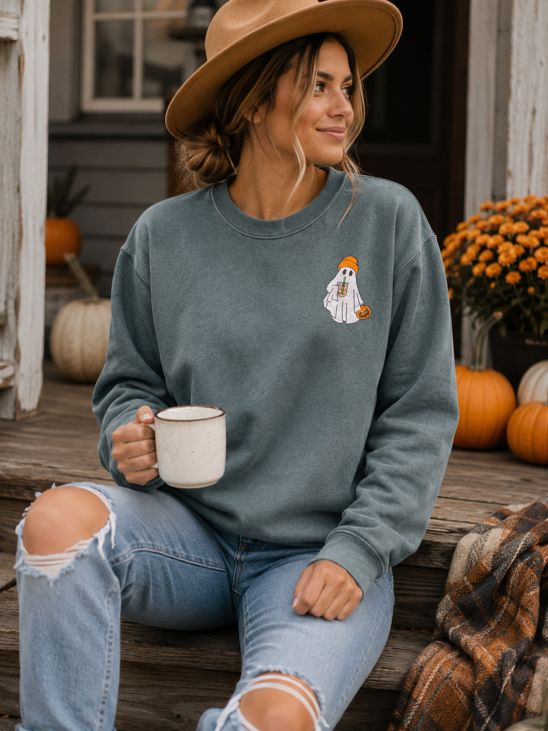 Cute Ghost Embroidered Comfort Colors® Crewneck Sweatshirt | Cozy Fall Sweatshirt | Halloween Pullover | Minimalist Autumn Sweatshirt