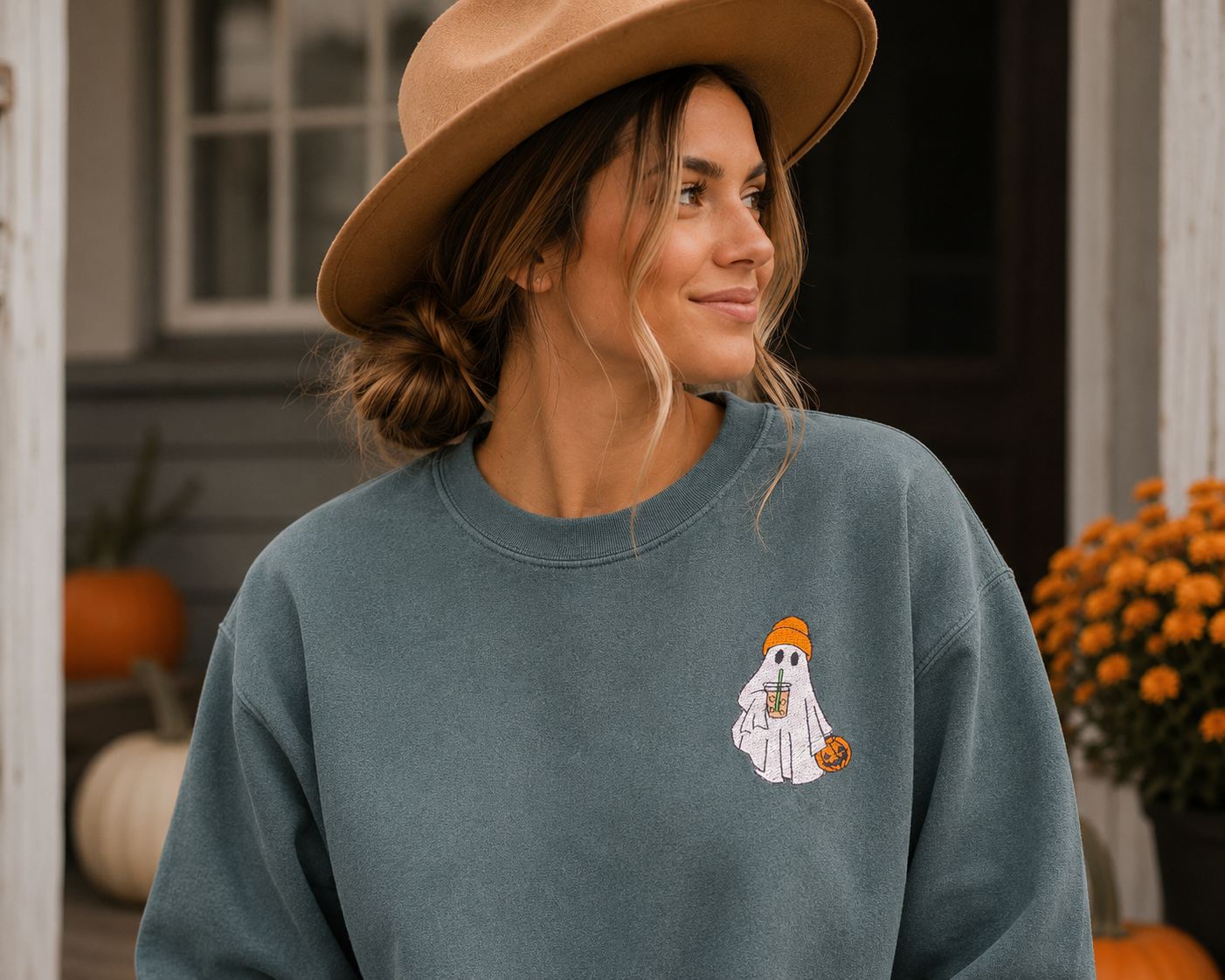Cute Ghost Embroidered Comfort Colors® Crewneck Sweatshirt | Cozy Fall Sweatshirt | Halloween Pullover | Minimalist Autumn Sweatshirt
