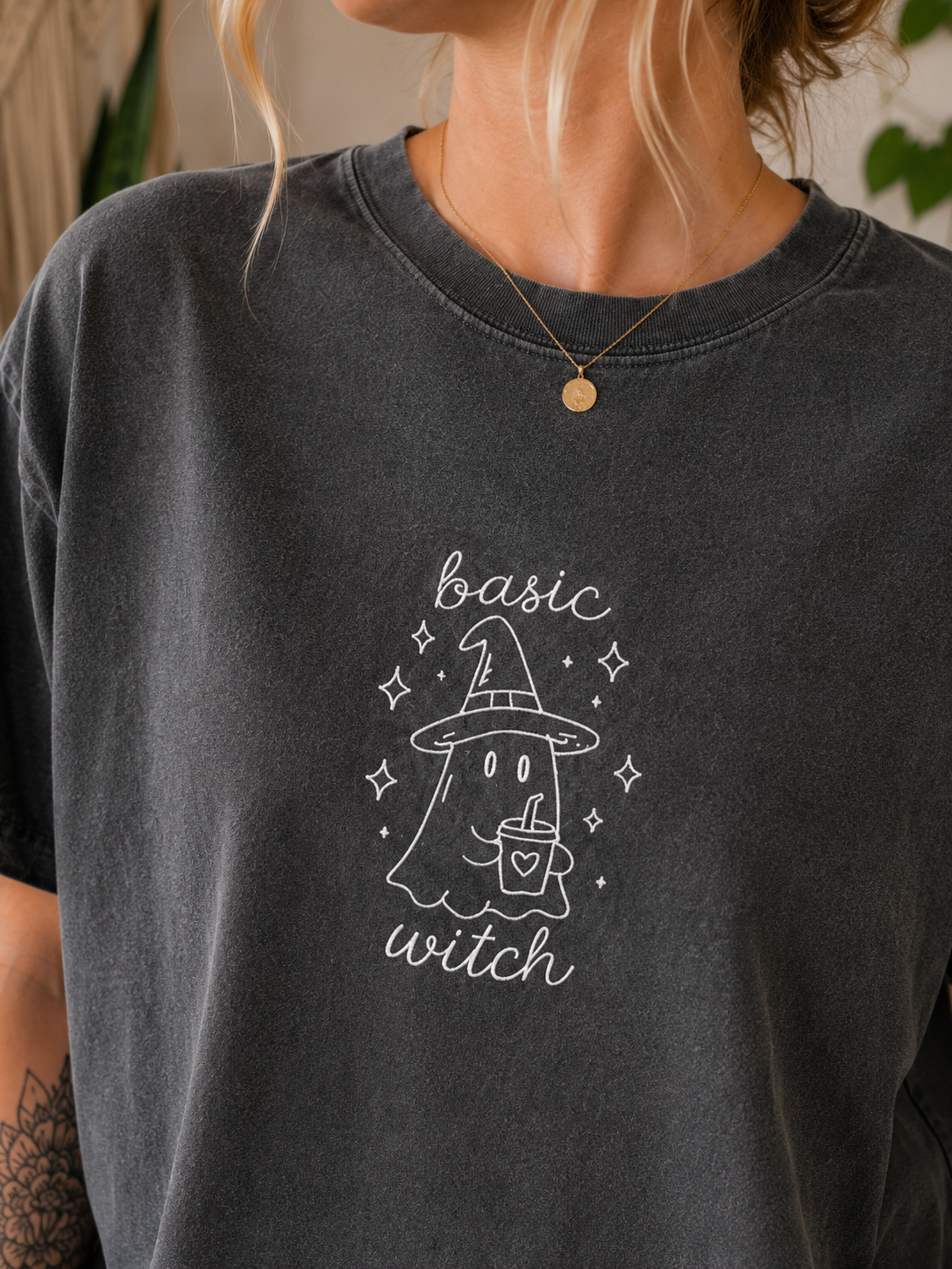 Basic Witch Embroidered Comfort Colors® Pepper T-Shirt | Vintage Halloween Ghost Tee