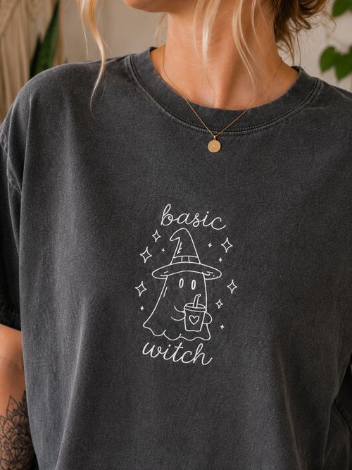 Basic Witch Embroidered Comfort Colors® Pepper T-Shirt | Vintage Halloween Ghost Tee