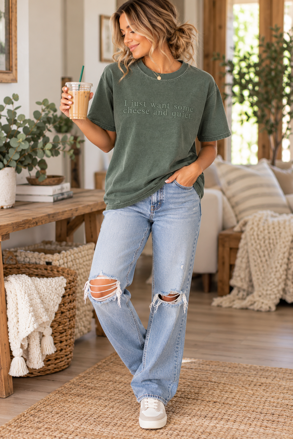 Cheese and Quiet Embroidered Comfort Colors T-Shirt | Green