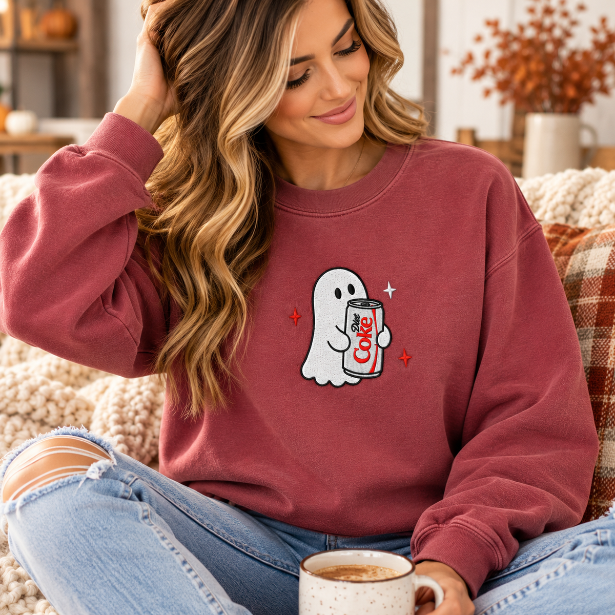 Diet Coke Ghost Embroidered Comfort Colors Crewneck | Crimson