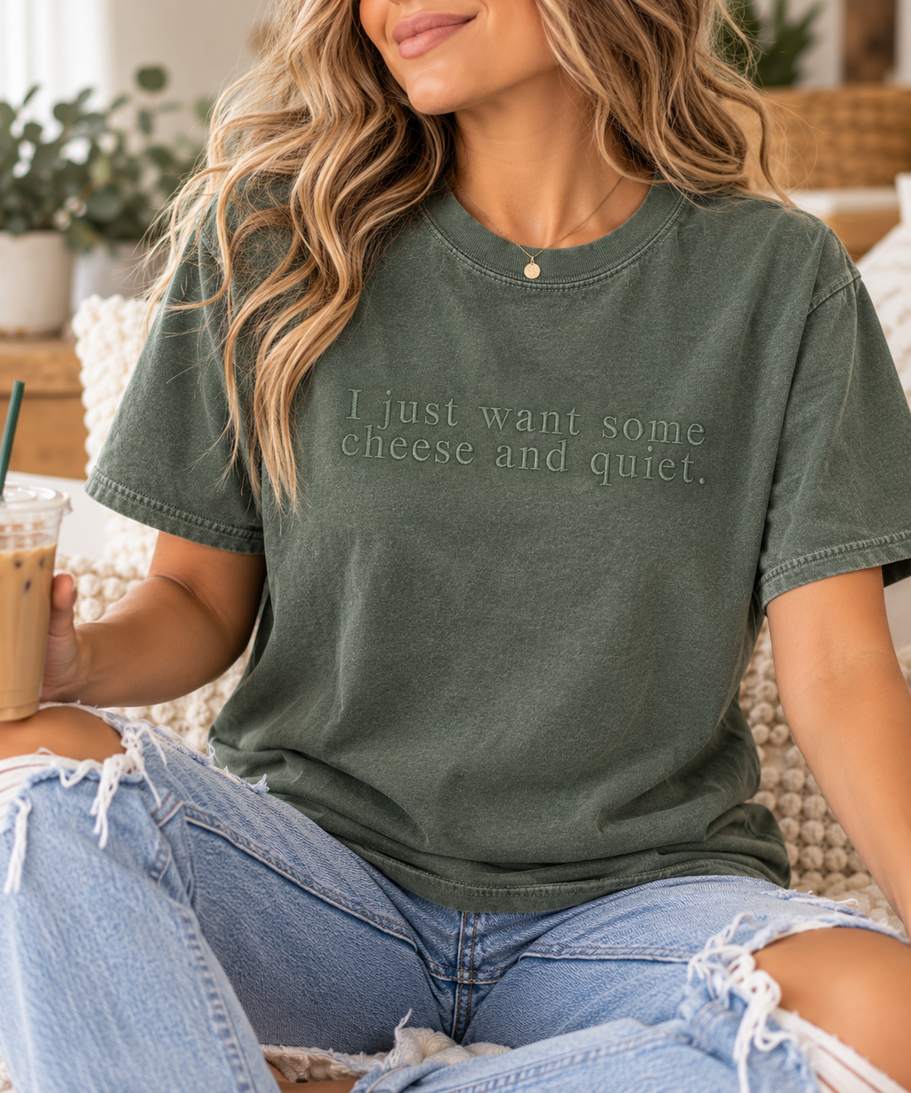 Cheese and Quiet Embroidered Comfort Colors T-Shirt | Green