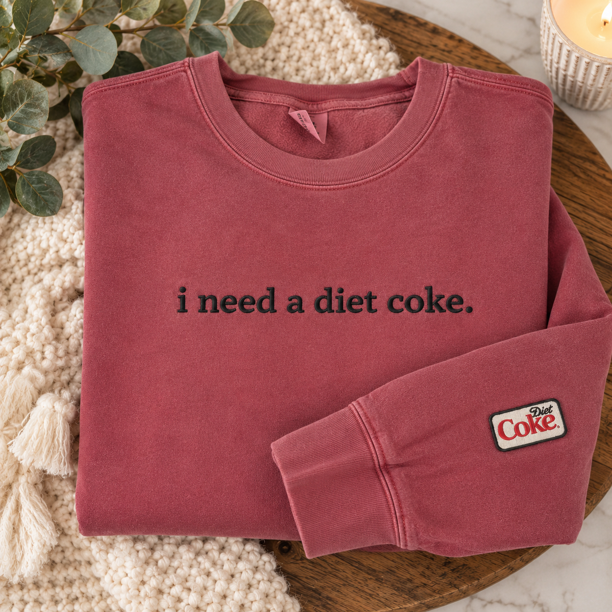 I Need a Diet Coke Embroidered Crewneck Sweatshirt | Crimson