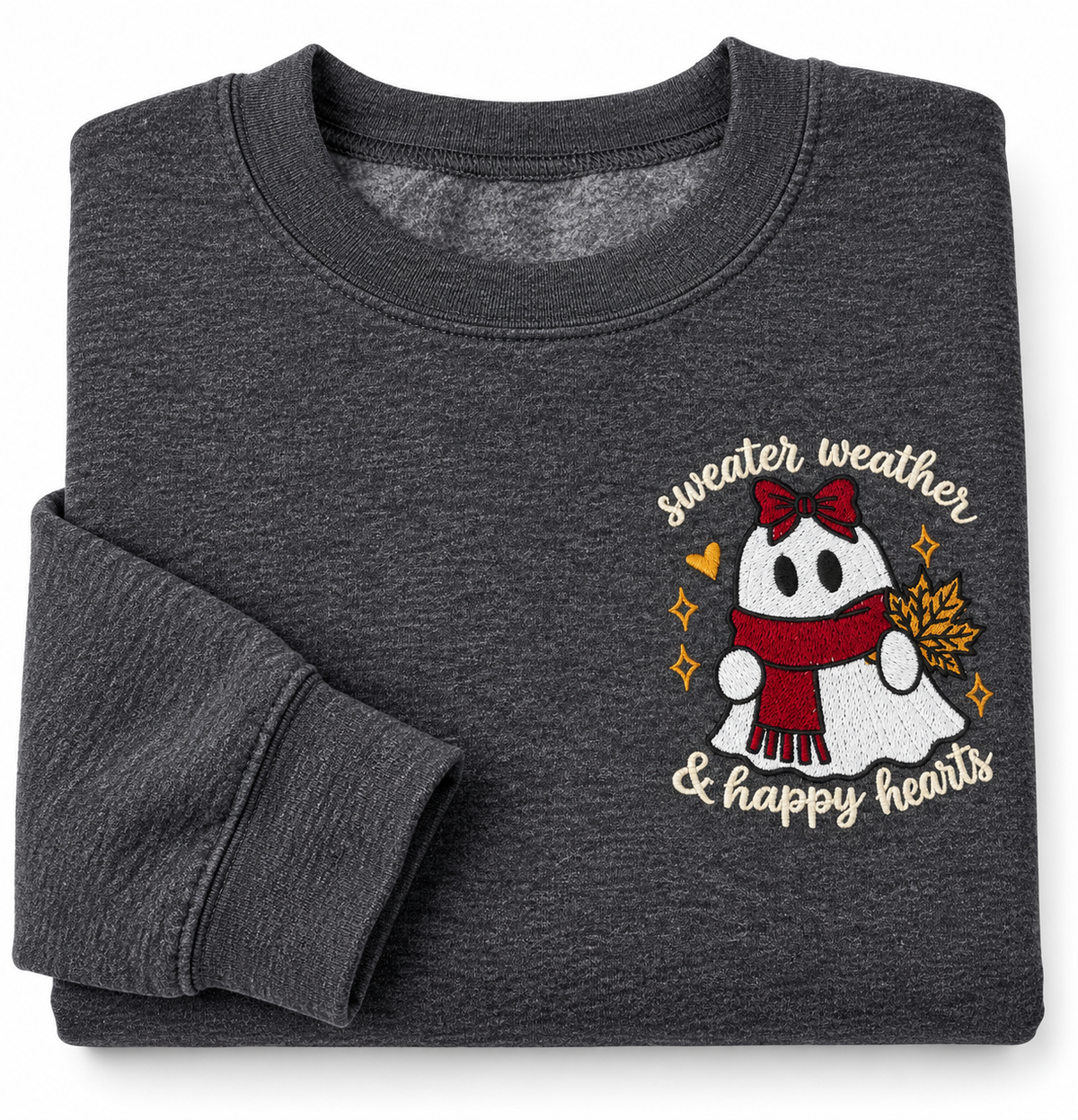 Sweater Weather & Happy Hearts Embroidered Crewneck – Charcoal