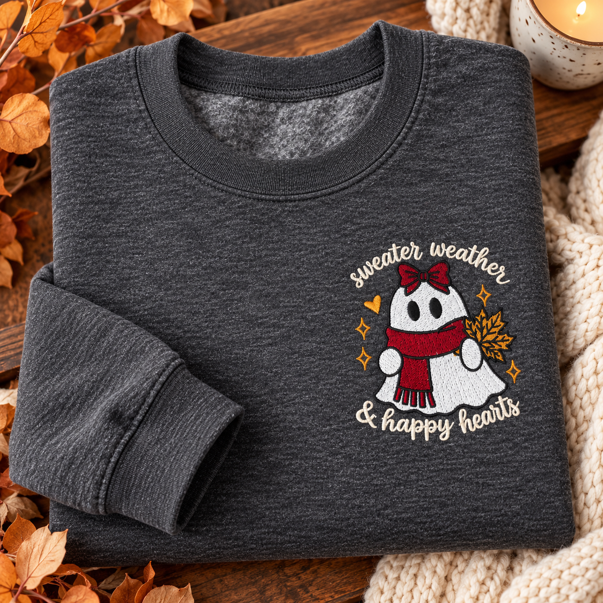 Sweater Weather & Happy Hearts Embroidered Crewneck – Charcoal