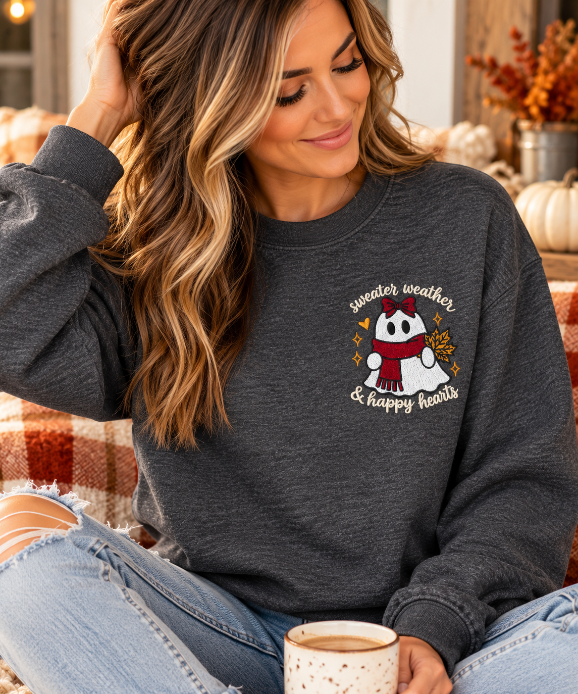 Sweater Weather & Happy Hearts Embroidered Crewneck – Charcoal