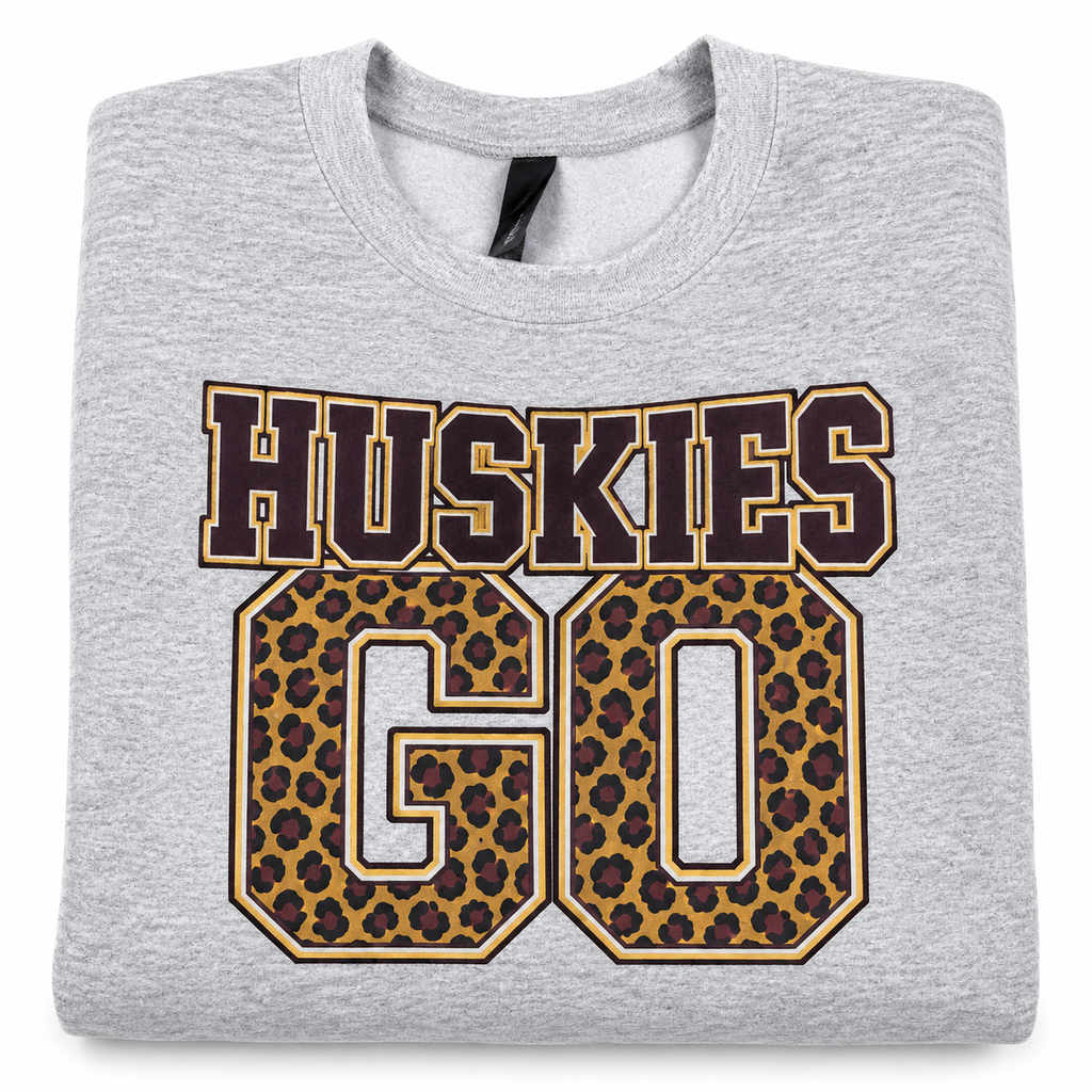 Huskies Go Leopard Print Crewneck Sweatshirt | Gray