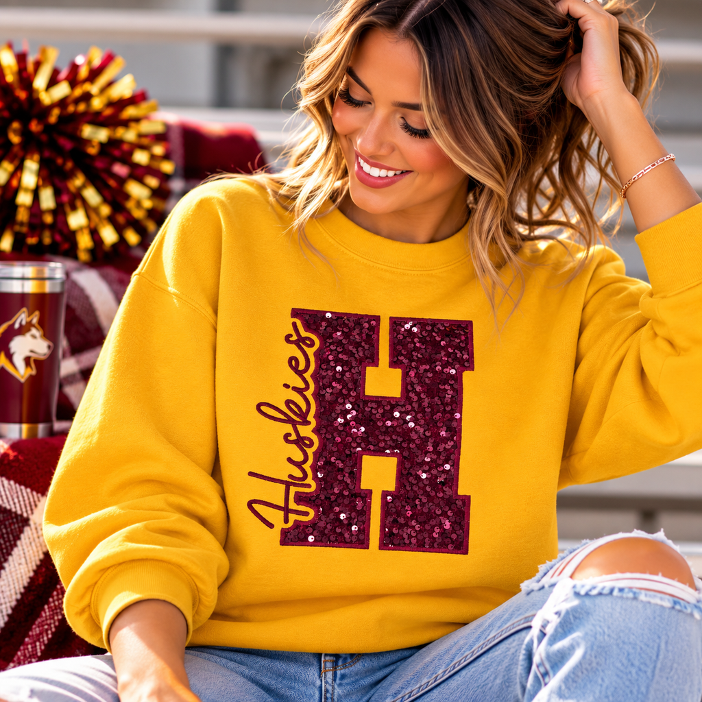 Huskies Sequin H Crewneck Sweatshirt | Gold