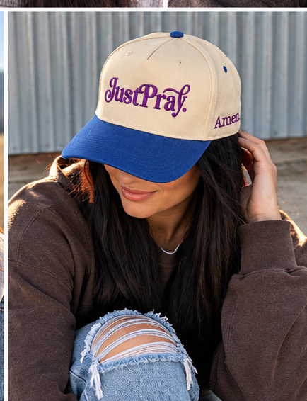 Just Pray Embroidered Adjustable Cap | Cream & Royal Blue