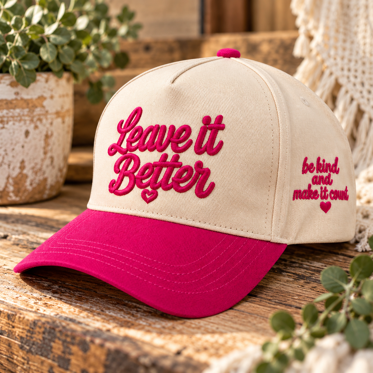 Leave It Better Embroidered Hat | Cream & Magenta