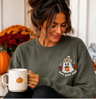 More Good Days Ghost Embroidered Kangaroo Crewneck – Olive Green