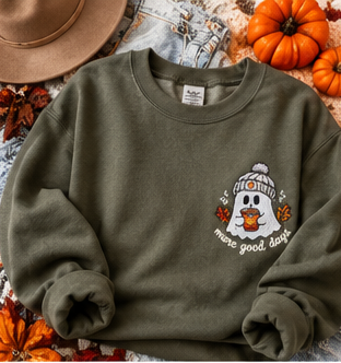 More Good Days Ghost Embroidered Kangaroo Crewneck – Olive Green