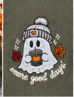 More Good Days Ghost Embroidered Kangaroo Crewneck – Olive Green