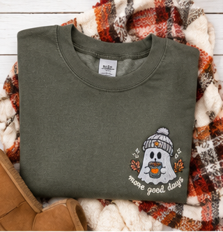 More Good Days Ghost Embroidered Kangaroo Crewneck – Olive Green