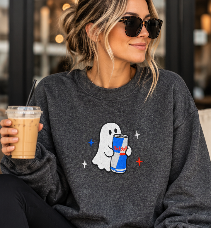 Energy Drink Ghost Embroidered Crewneck Sweatshirt – Charcoal