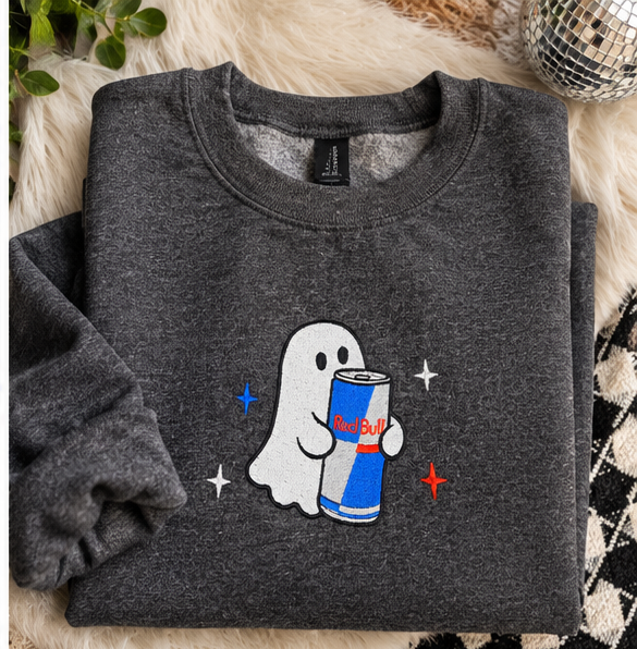Energy Drink Ghost Embroidered Crewneck Sweatshirt – Charcoal