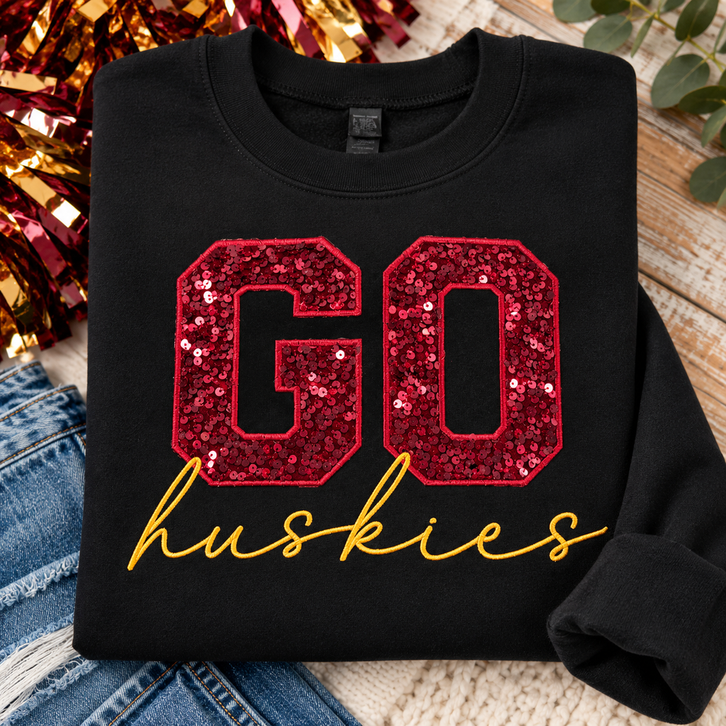Go Huskies Sequin Crewneck Sweatshirt | Black