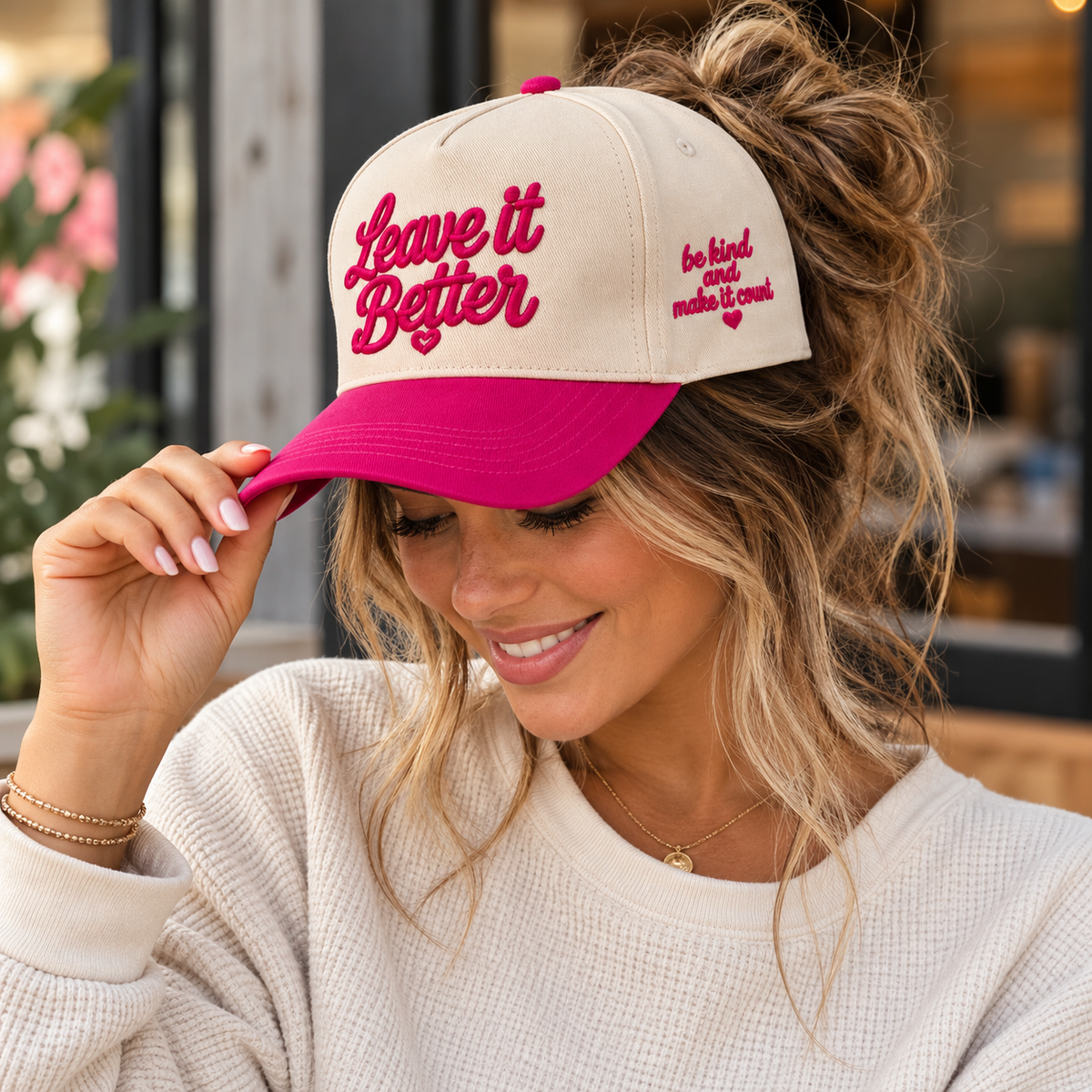 Leave It Better Embroidered Hat | Cream & Magenta