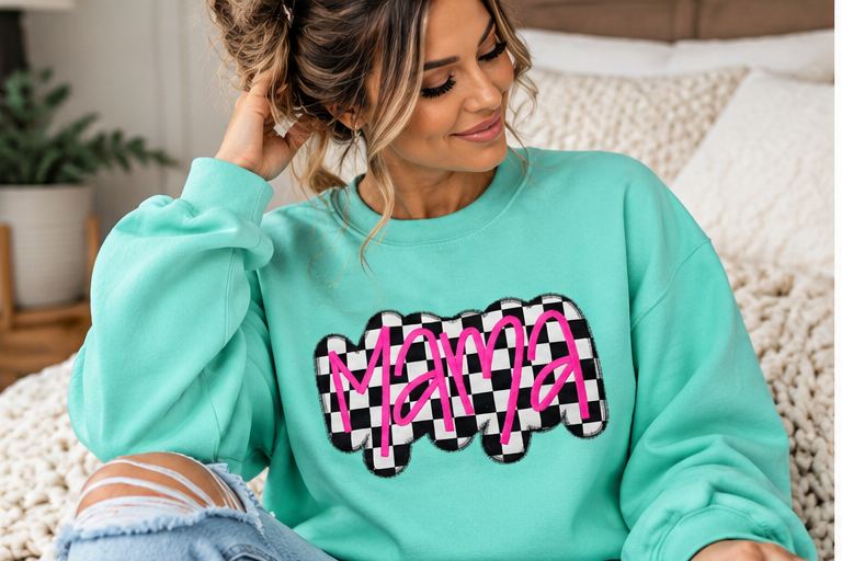 Checkered Mama Appliqué Crewneck Sweatshirt | Mint