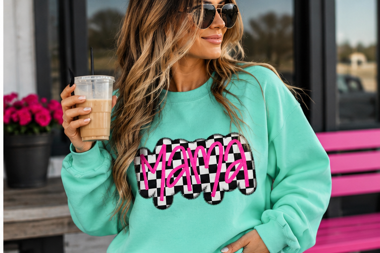 Checkered Mama Appliqué Crewneck Sweatshirt | Mint