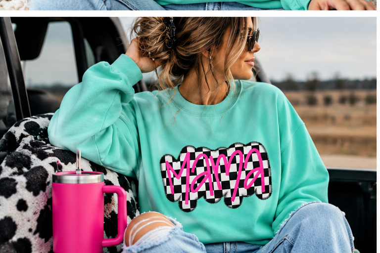 Checkered Mama Appliqué Crewneck Sweatshirt | Mint