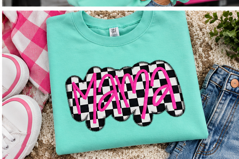 Checkered Mama Appliqué Crewneck Sweatshirt | Mint