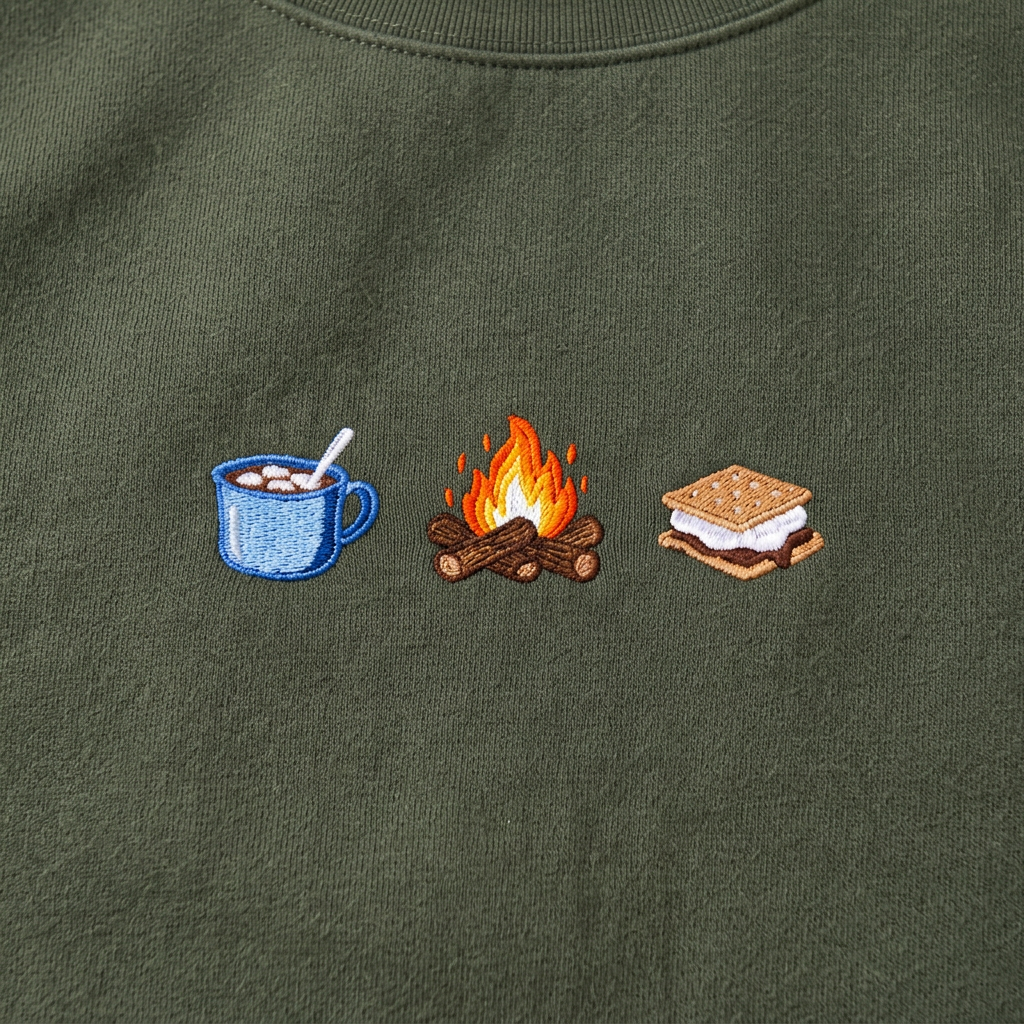 Close-up of blue cocoa mug, orange campfire, and s’more embroidery on olive-green sweatshirt fabric.
