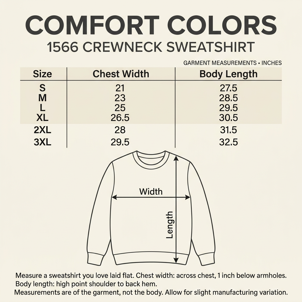 Comfort Colors 1566 crewneck sweatshirt size chart