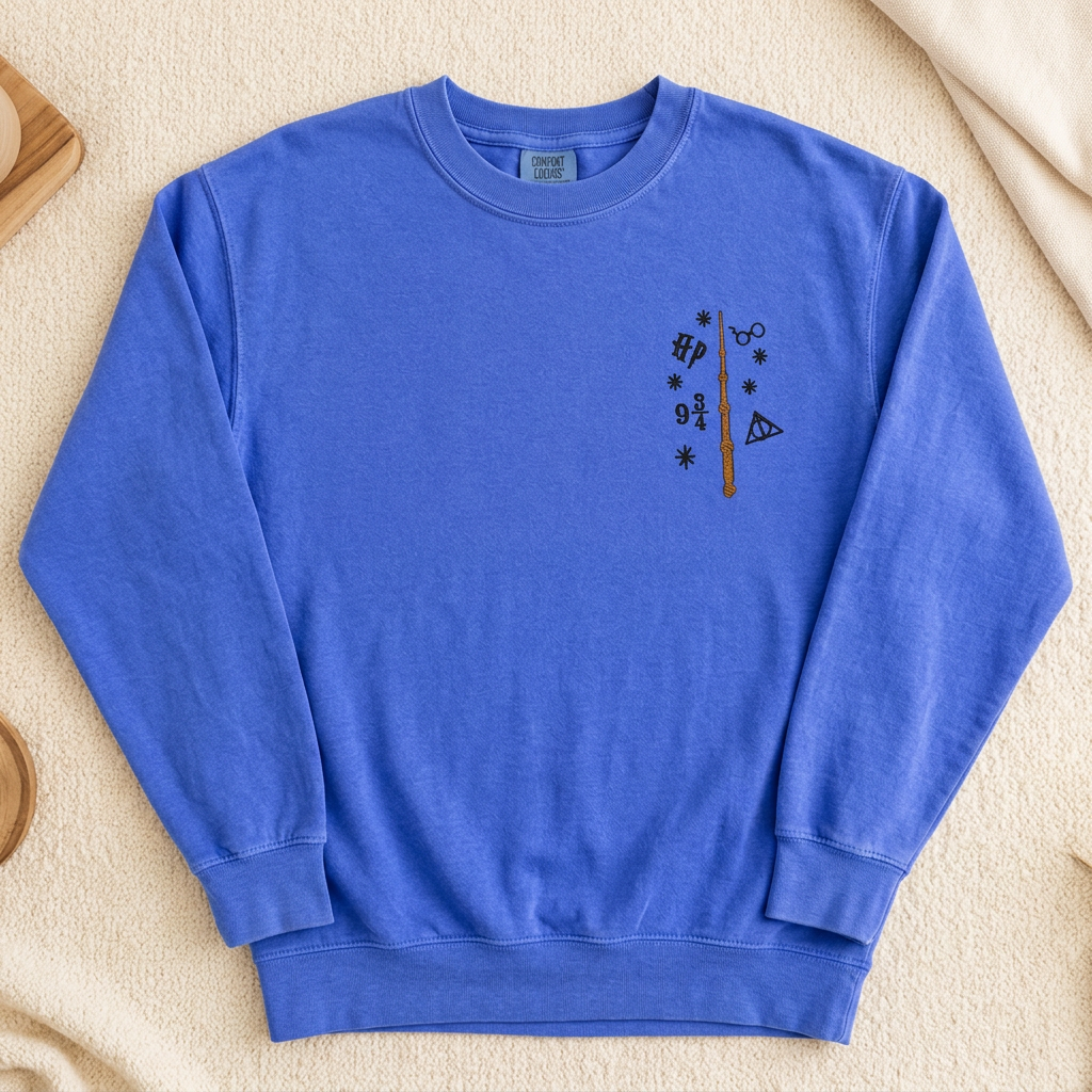 Flo Blue Comfort Colors crewneck mockup with the T-shirt’s wizard-inspired design