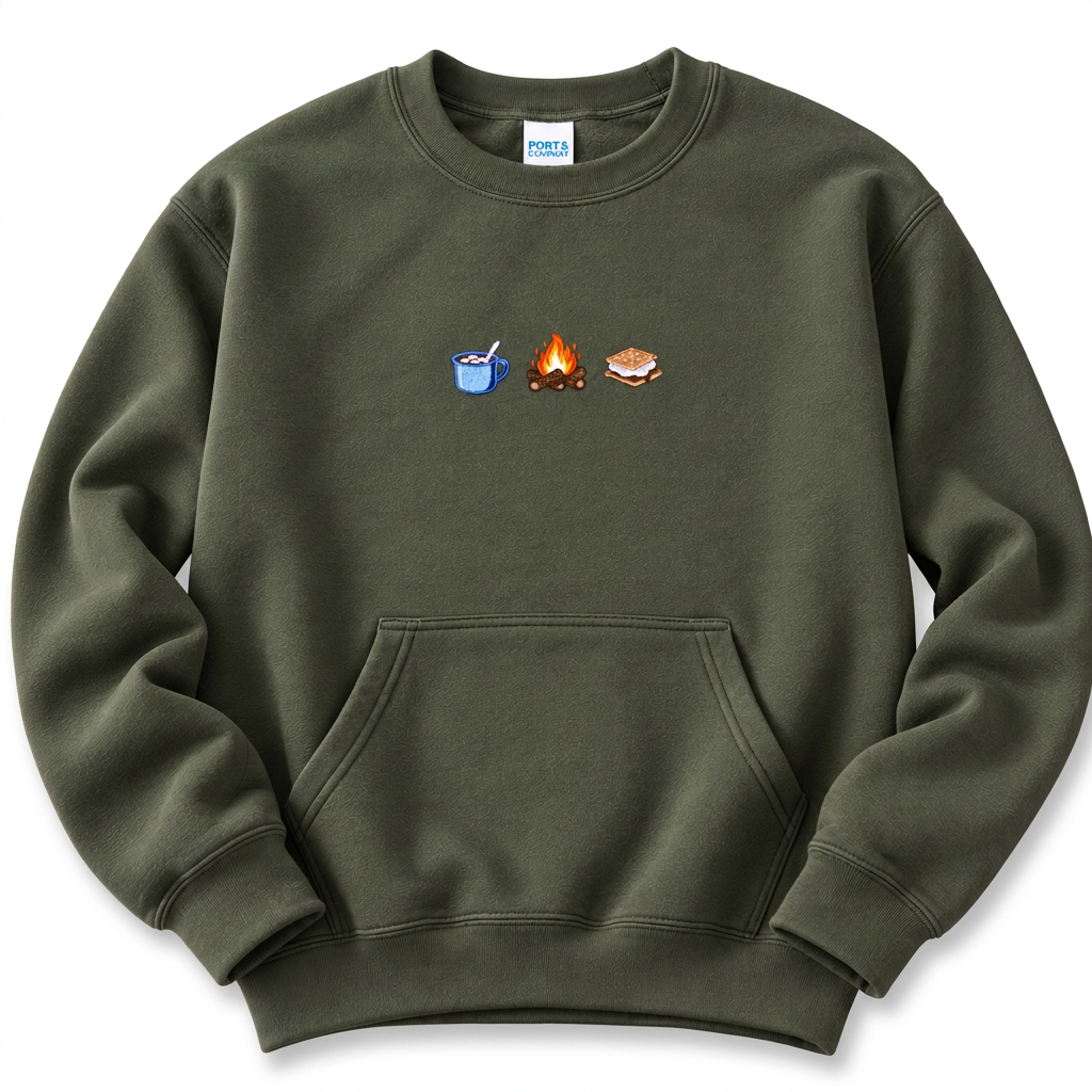 Front view of olive-green crewneck with mug, campfire, and s’more embroidery, kangaroo pocket, and ribbed trim on white.