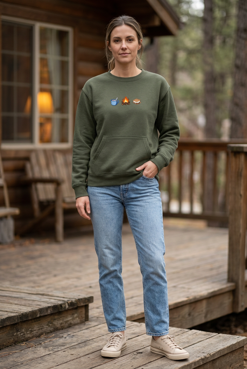 Model wearing an olive-green campfire embroidered sweatshirt with jeans and sneakers on a cabin porch.