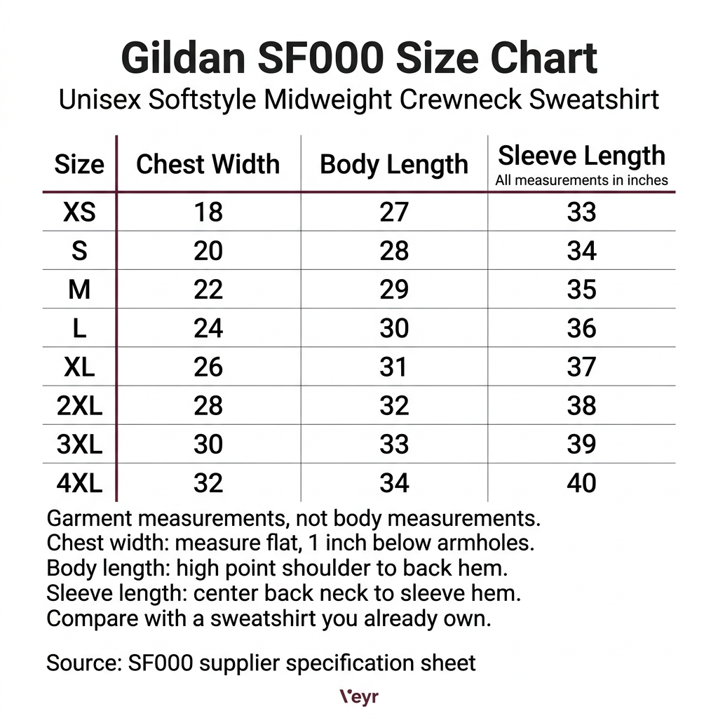 Gildan SF000 crewneck size chart